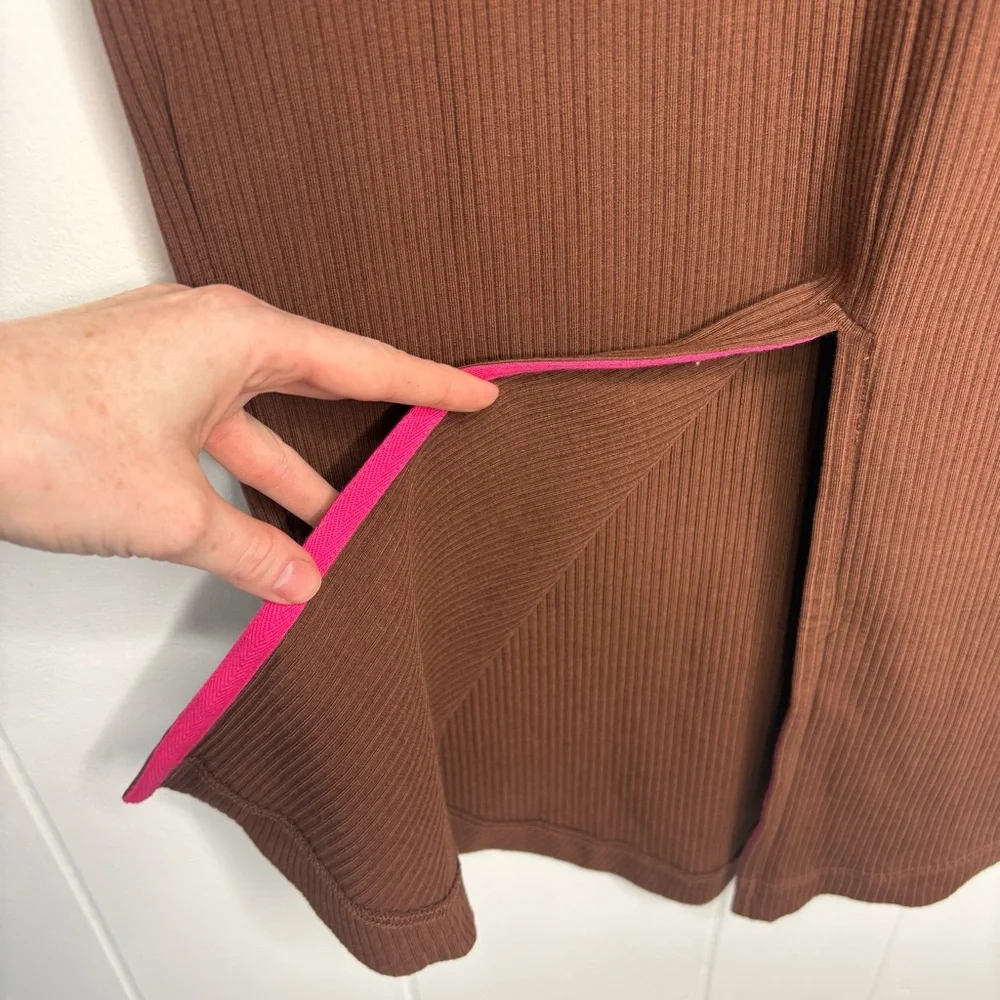 NWT $179 Terez Scoop Neck Long Sleeve Rib Dress in Cafe Brown Midi Size Small - Picture 9 of 10